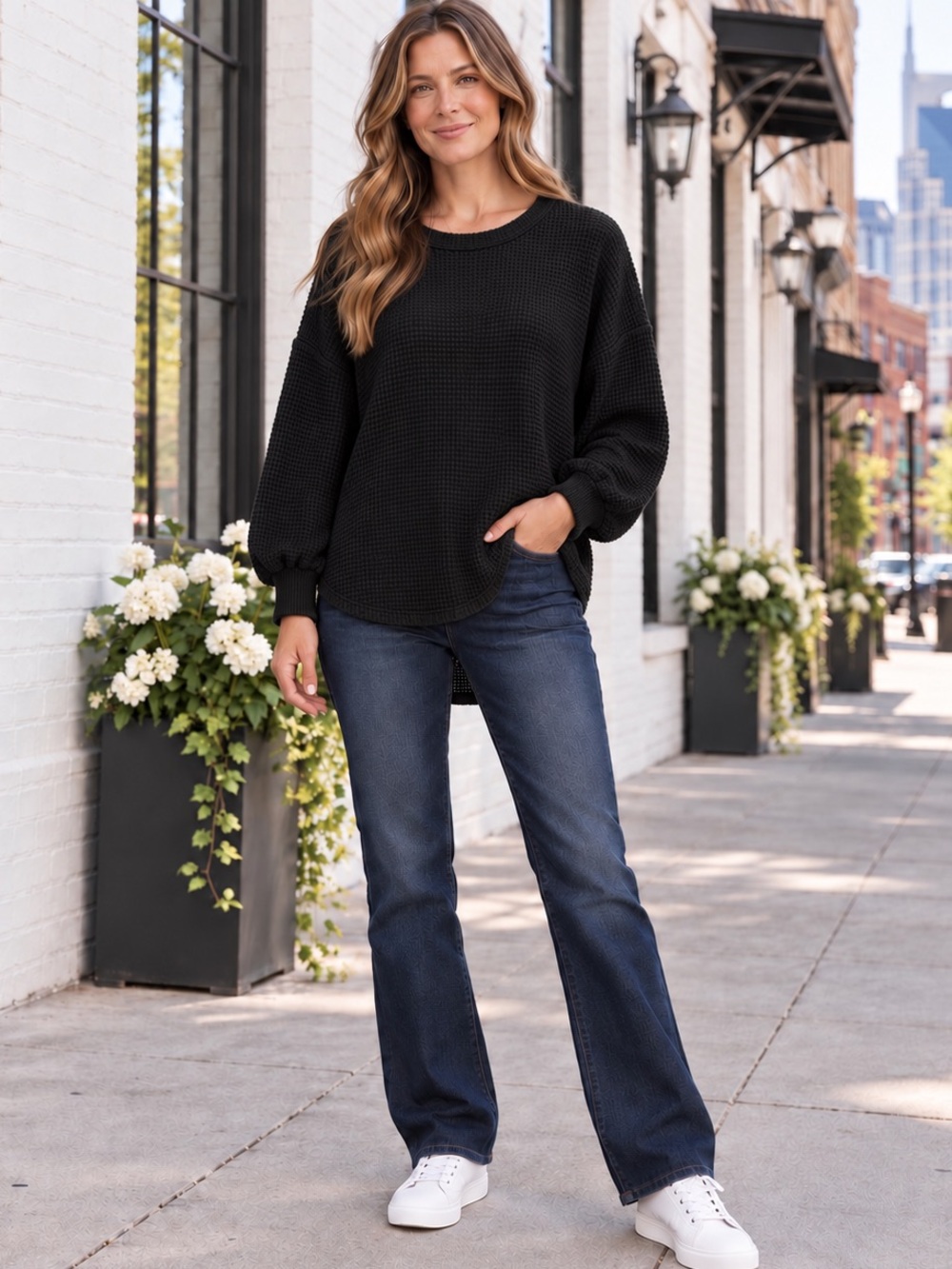 NEW Umgee Black Thermal Lightweight Oversize Comfy Fall Pullover T-shirt Shirt